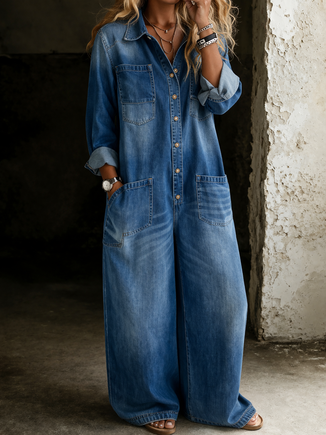 Billie | Oversized Denim Utility Jumpsuit with Chest Pockets