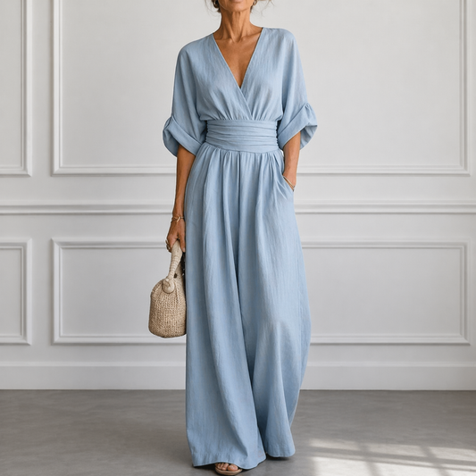 Kavryn | Deep V-Neck Ruched Waist Band Wide Leg Linen Jumpsuit