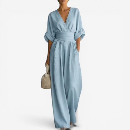 Kavryn | Deep V-Neck Ruched Waist Band Wide Leg Linen Jumpsuit