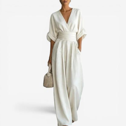 Kavryn | Deep V-Neck Ruched Waist Band Wide Leg Linen Jumpsuit