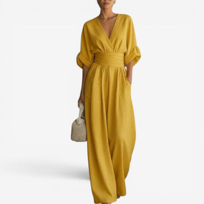 Kavryn | Deep V-Neck Ruched Waist Band Wide Leg Linen Jumpsuit
