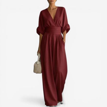 Kavryn | Deep V-Neck Ruched Waist Band Wide Leg Linen Jumpsuit