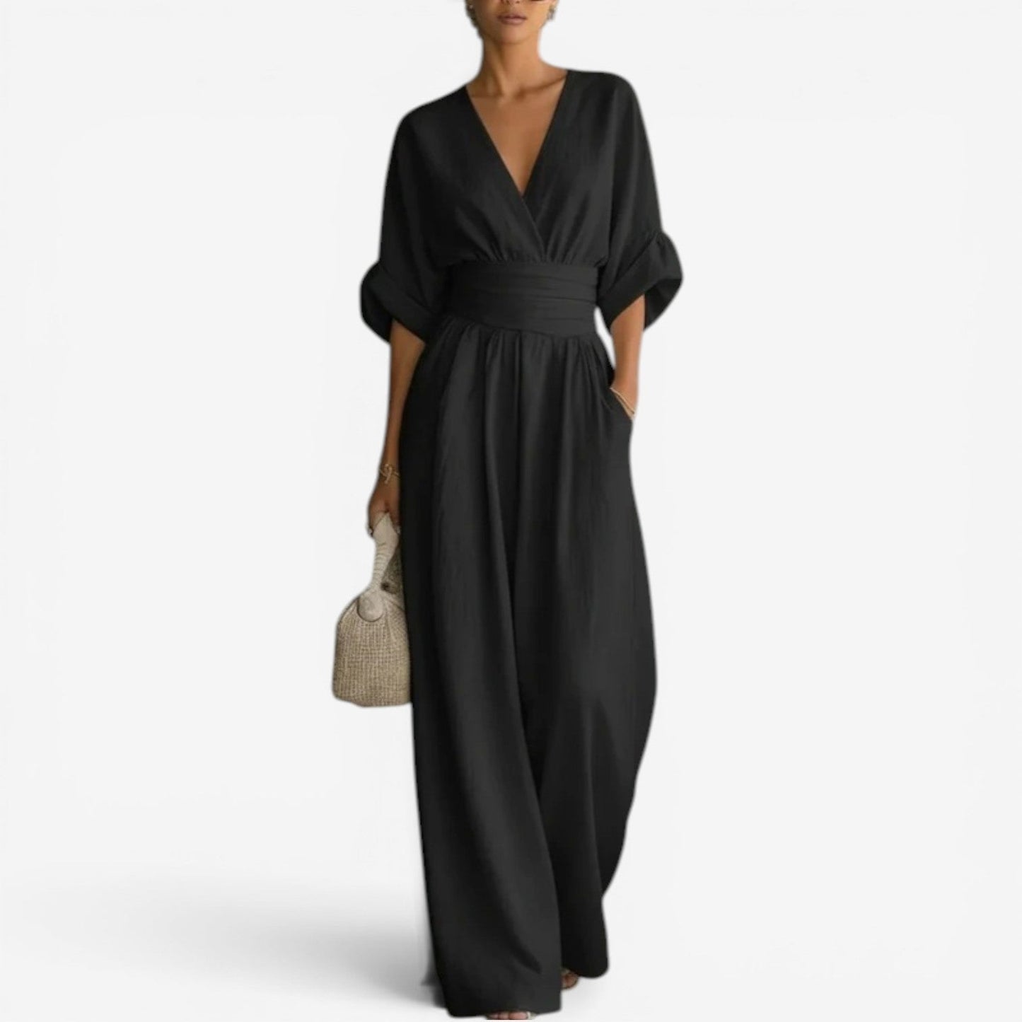 Kavryn | Deep V-Neck Ruched Waist Band Wide Leg Linen Jumpsuit