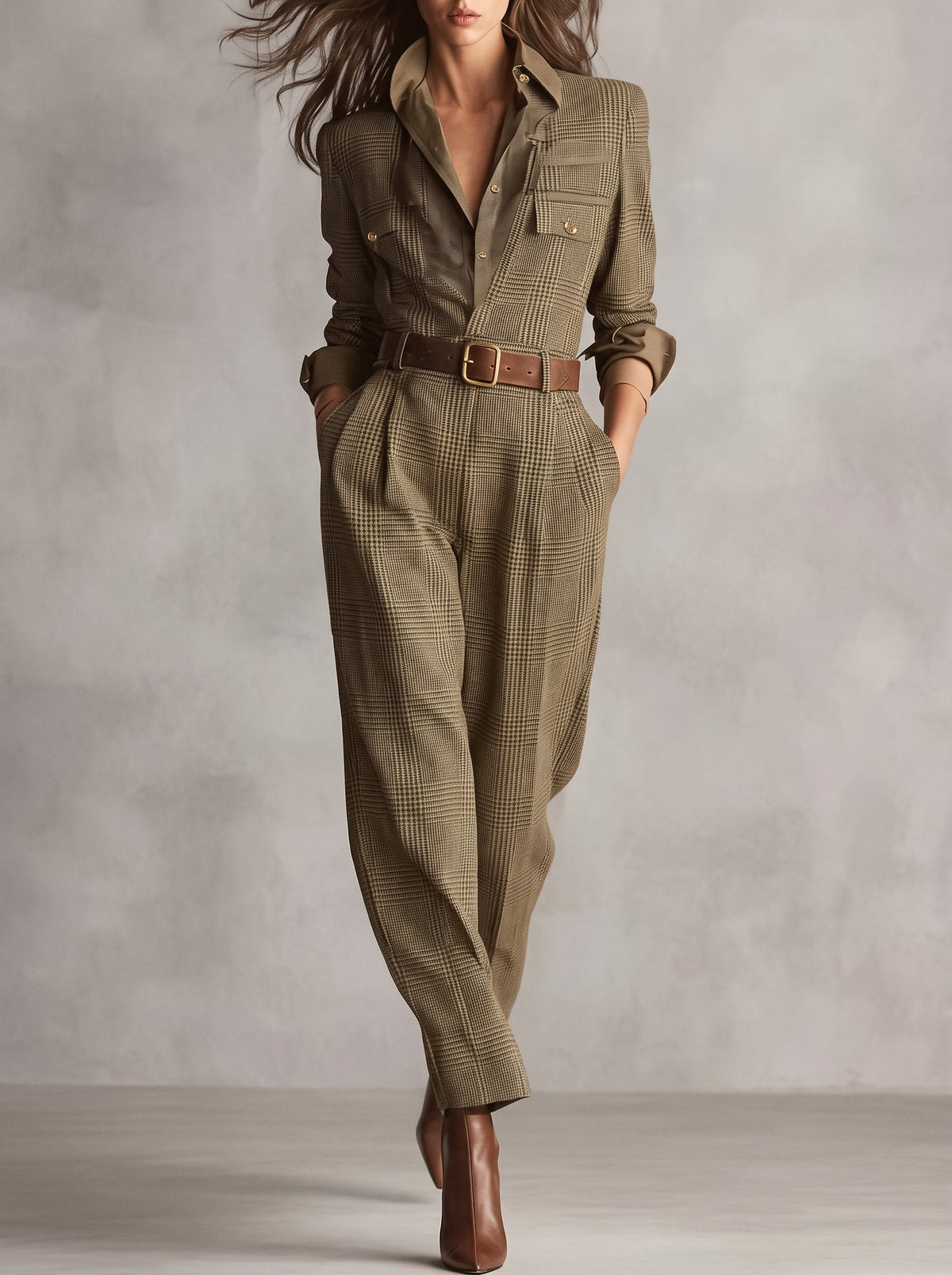 Zelina | Belted Plaid Tailored Jumpsuit