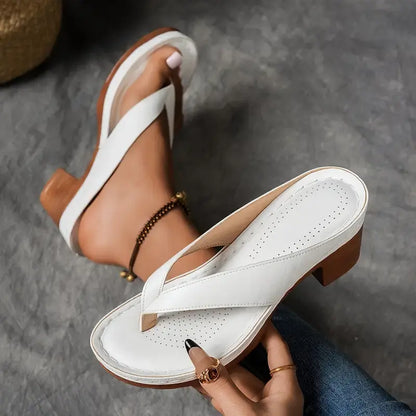 Delvara | Gold Metallic Toe Post Block Heel Slip-On Sandals
