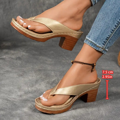 Delvara | Gold Metallic Toe Post Block Heel Slip-On Sandals