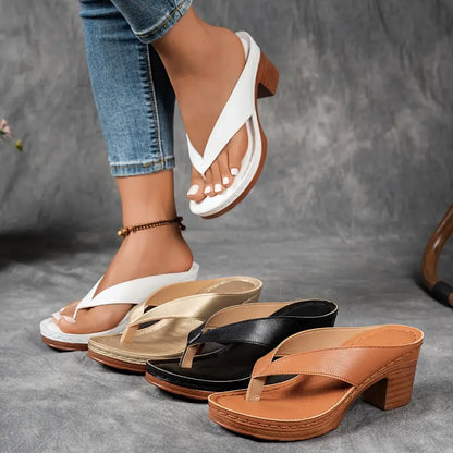 Delvara | Gold Metallic Toe Post Block Heel Slip-On Sandals