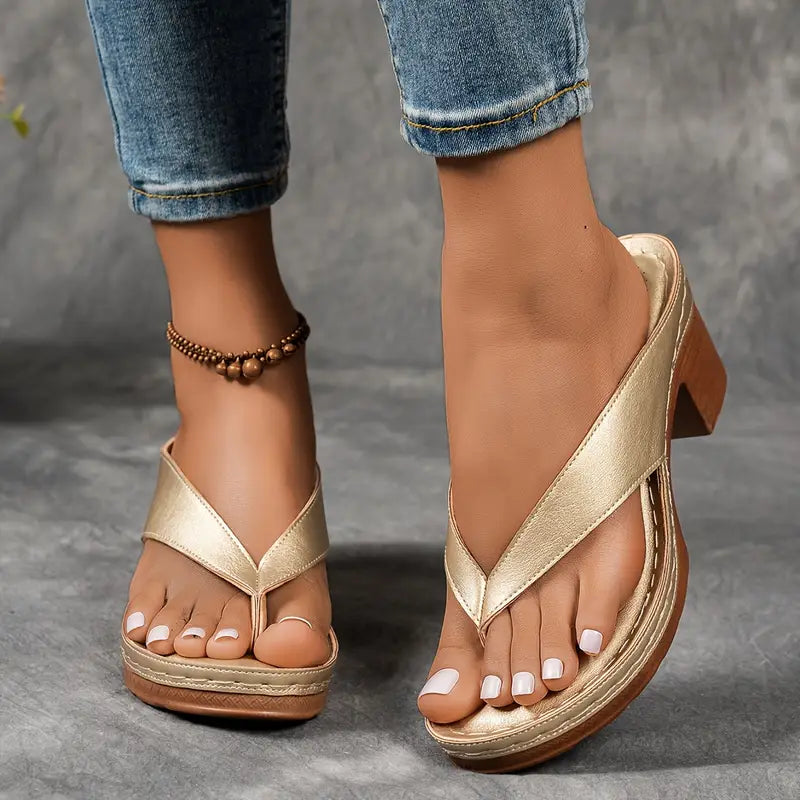 Delvara | Gold Metallic Toe Post Block Heel Slip-On Sandals