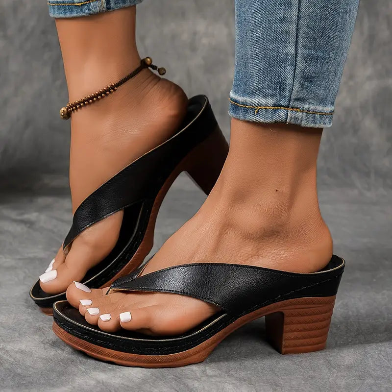 Delvara | Gold Metallic Toe Post Block Heel Slip-On Sandals