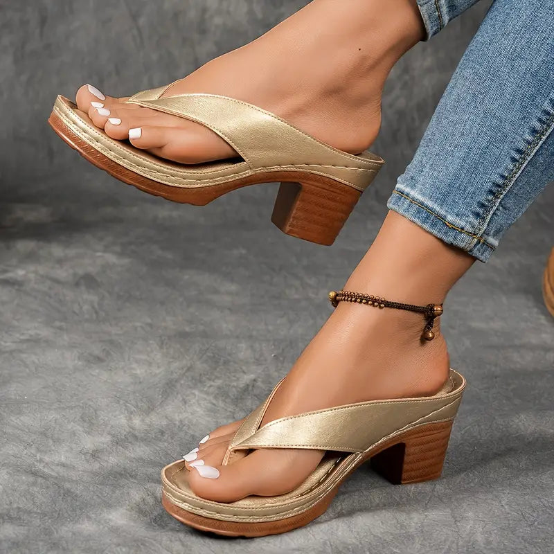 Delvara | Gold Metallic Toe Post Block Heel Slip-On Sandals