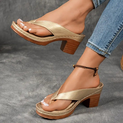 Delvara | Gold Metallic Toe Post Block Heel Slip-On Sandals