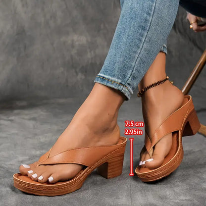 Delvara | Gold Metallic Toe Post Block Heel Slip-On Sandals