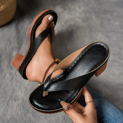 Delvara | Gold Metallic Toe Post Block Heel Slip-On Sandals