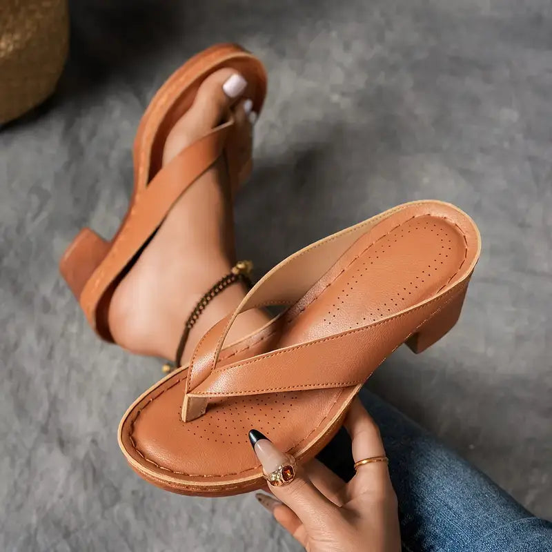 Delvara | Gold Metallic Toe Post Block Heel Slip-On Sandals