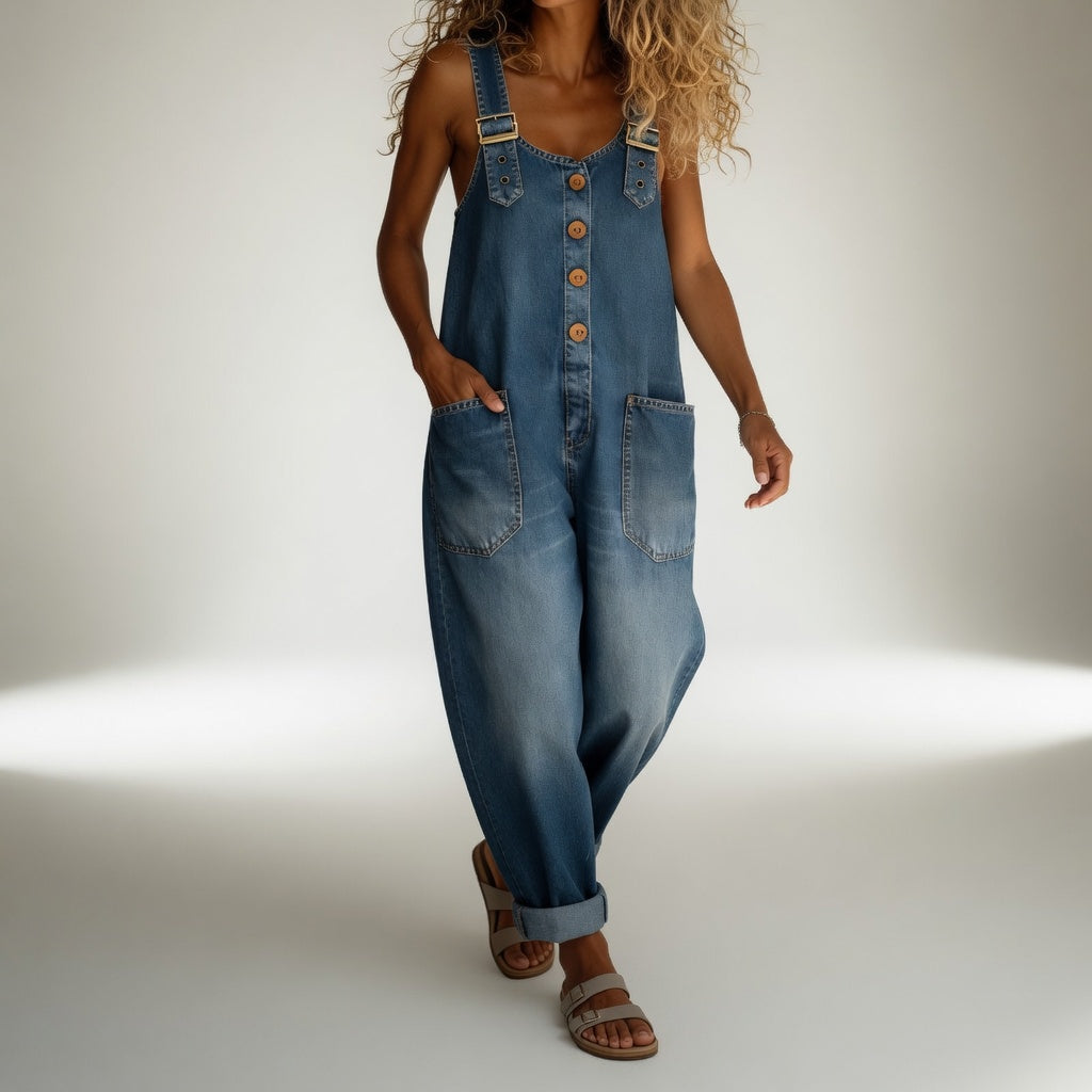 Zyvessa | Button Front Denim Wide Leg Jumpsuit