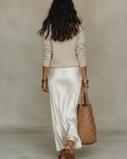 Sylvette | Elegant Sweater And Satin Skirt Ensemble