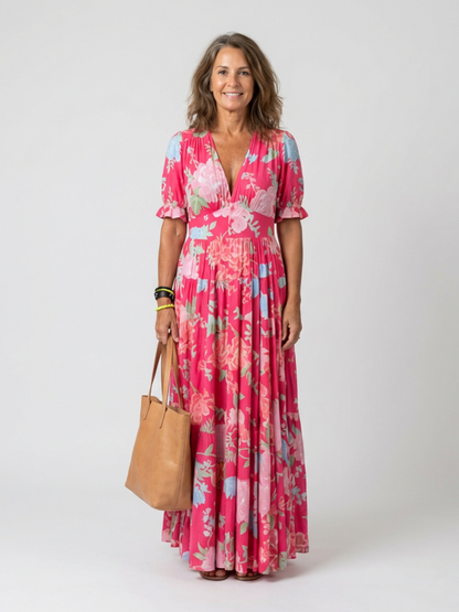 Elysianne | Floral Pleated V Neck Maxi Dress