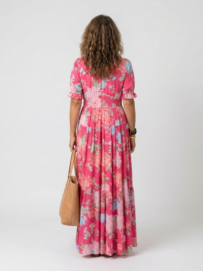 Elysianne | Floral Pleated V Neck Maxi Dress