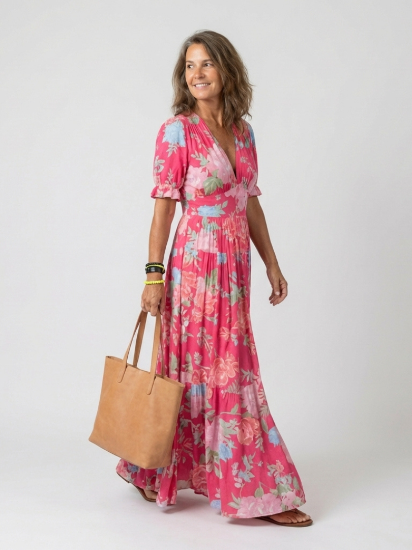 Elysianne | Floral Pleated V Neck Maxi Dress