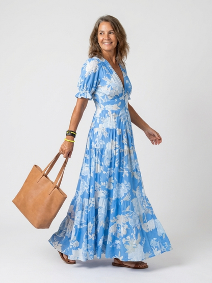 Elysianne | Floral Pleated V Neck Maxi Dress