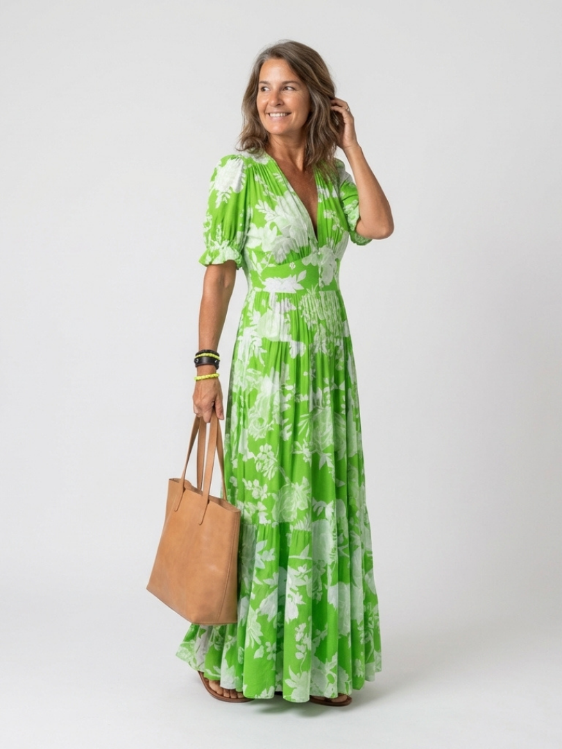 Elysianne | Floral Pleated V Neck Maxi Dress