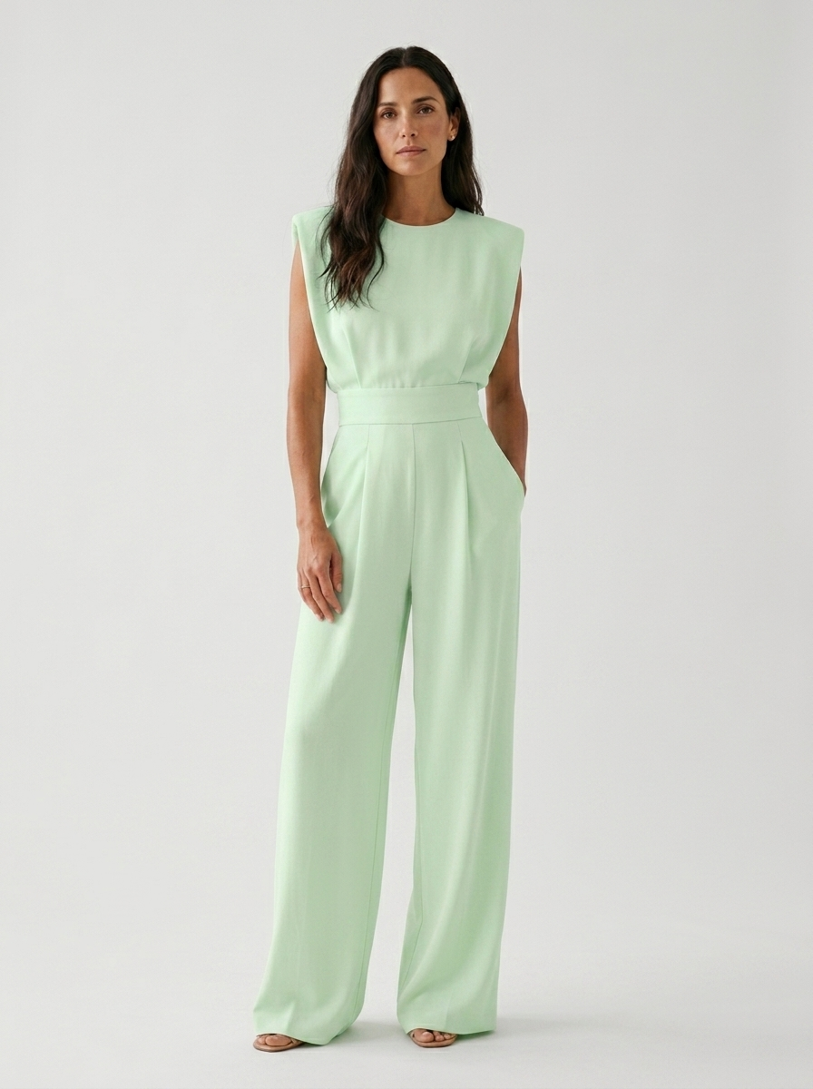 Duvaine | Shoulder Pad Sleeveless Round Neck Wide Leg Tailored Jumpsuit