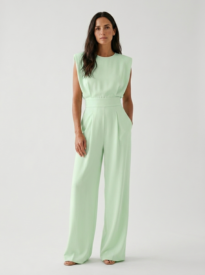 Duvaine | Shoulder Pad Sleeveless Round Neck Wide Leg Tailored Jumpsuit