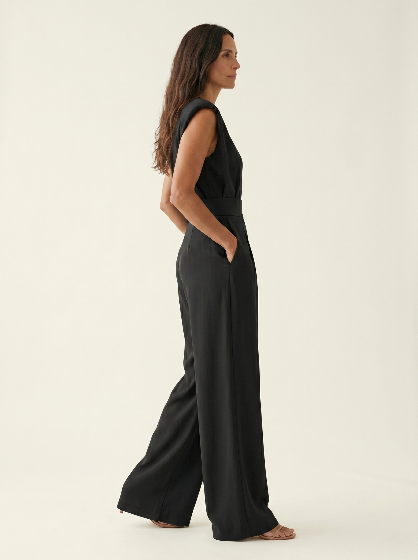 Duvaine | Shoulder Pad Sleeveless Round Neck Wide Leg Tailored Jumpsuit