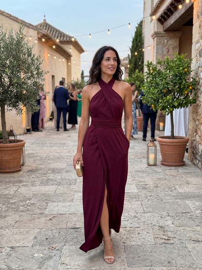 Kaelia | Ruched Waist Halter Maxi Dress