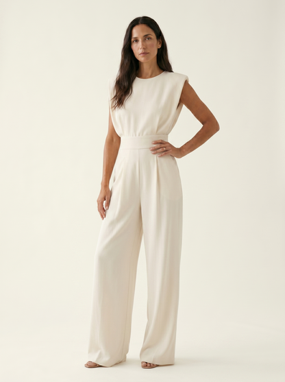 Duvaine | Shoulder Pad Sleeveless Round Neck Wide Leg Tailored Jumpsuit