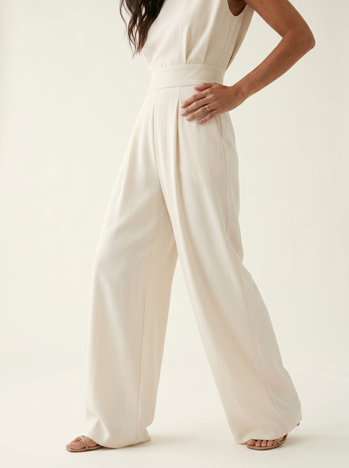 Duvaine | Shoulder Pad Sleeveless Round Neck Wide Leg Tailored Jumpsuit