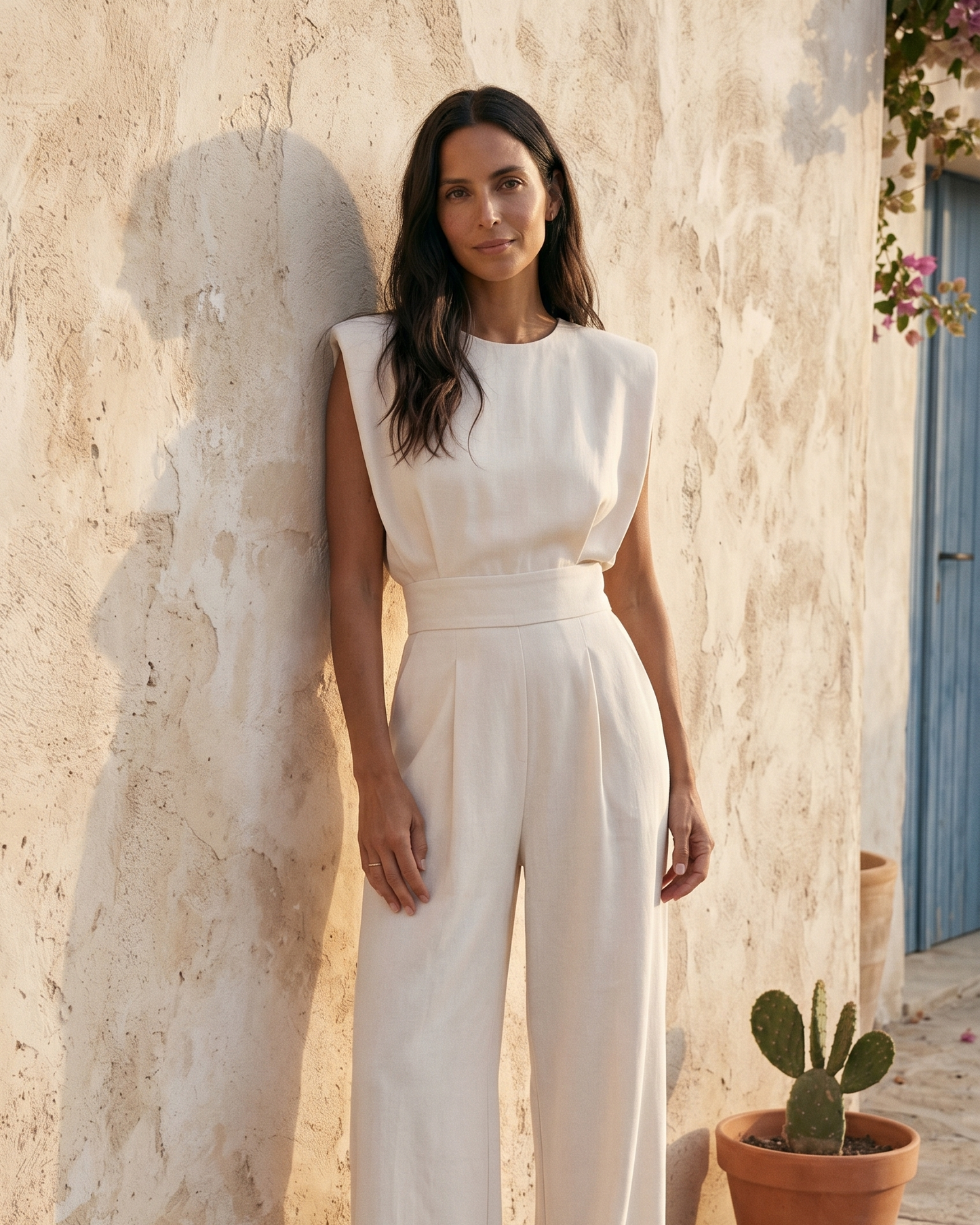 Duvaine | Shoulder Pad Sleeveless Round Neck Wide Leg Tailored Jumpsuit