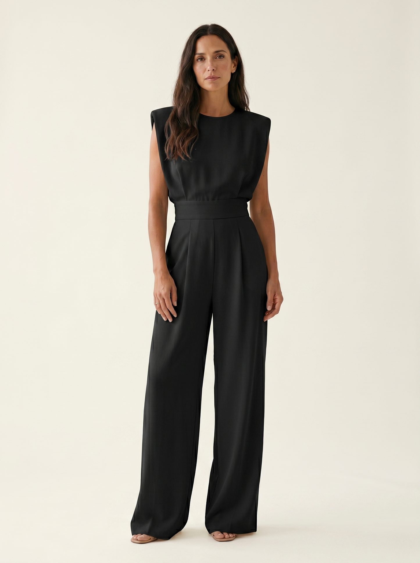 Duvaine | Shoulder Pad Sleeveless Round Neck Wide Leg Tailored Jumpsuit