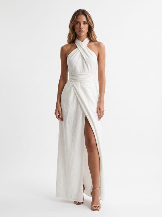 Kaelia | Ruched Waist Halter Maxi Dress