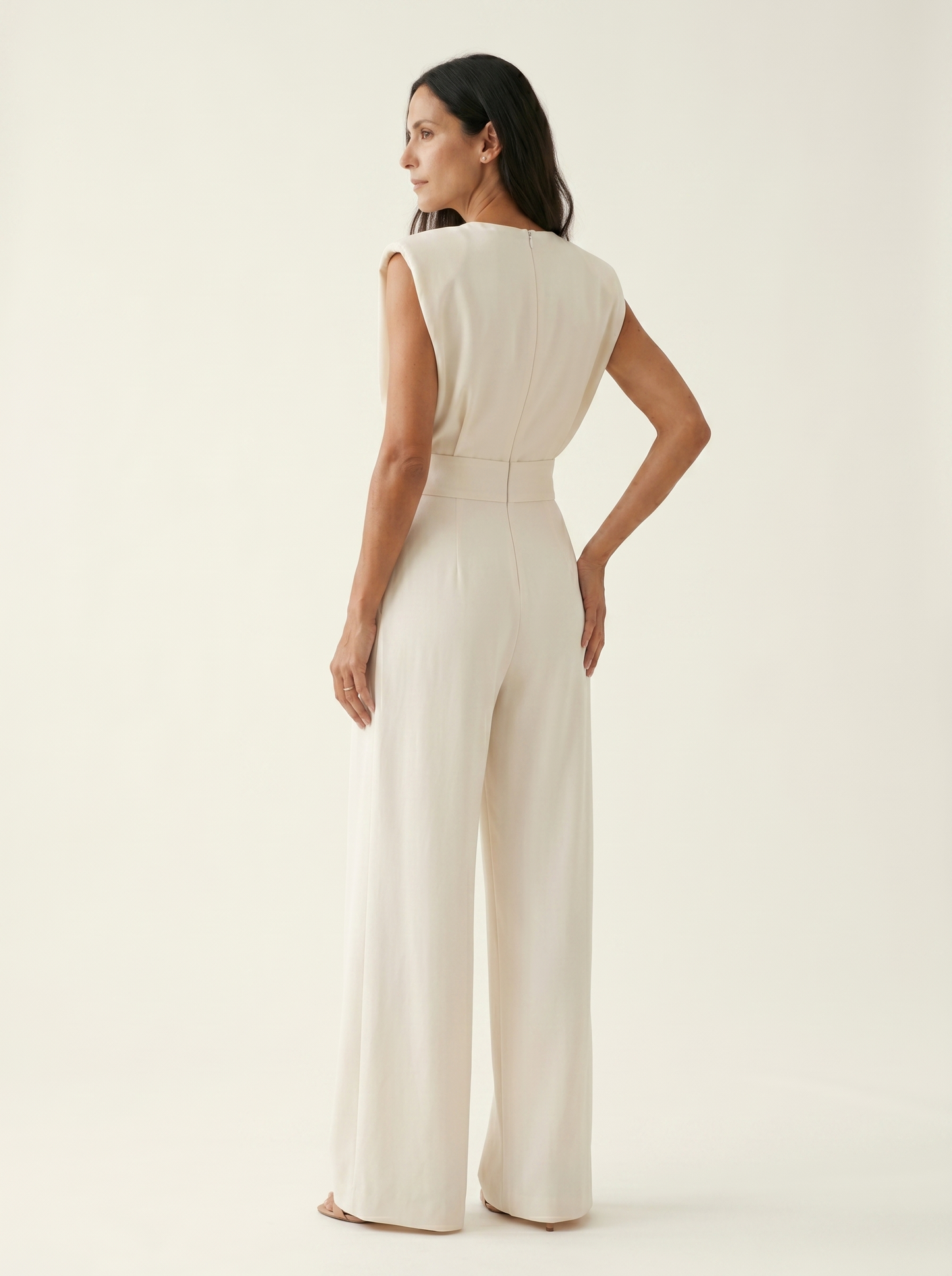 Duvaine | Shoulder Pad Sleeveless Round Neck Wide Leg Tailored Jumpsuit