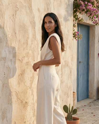 Duvaine | Shoulder Pad Sleeveless Round Neck Wide Leg Tailored Jumpsuit