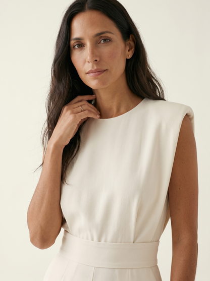 Duvaine | Shoulder Pad Sleeveless Round Neck Wide Leg Tailored Jumpsuit