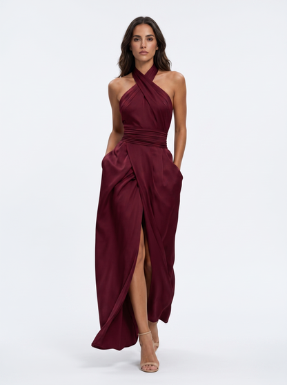 Kaelia | Ruched Waist Halter Maxi Dress