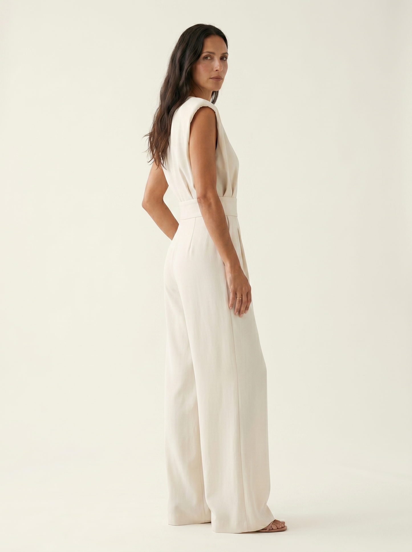 Duvaine | Shoulder Pad Sleeveless Round Neck Wide Leg Tailored Jumpsuit