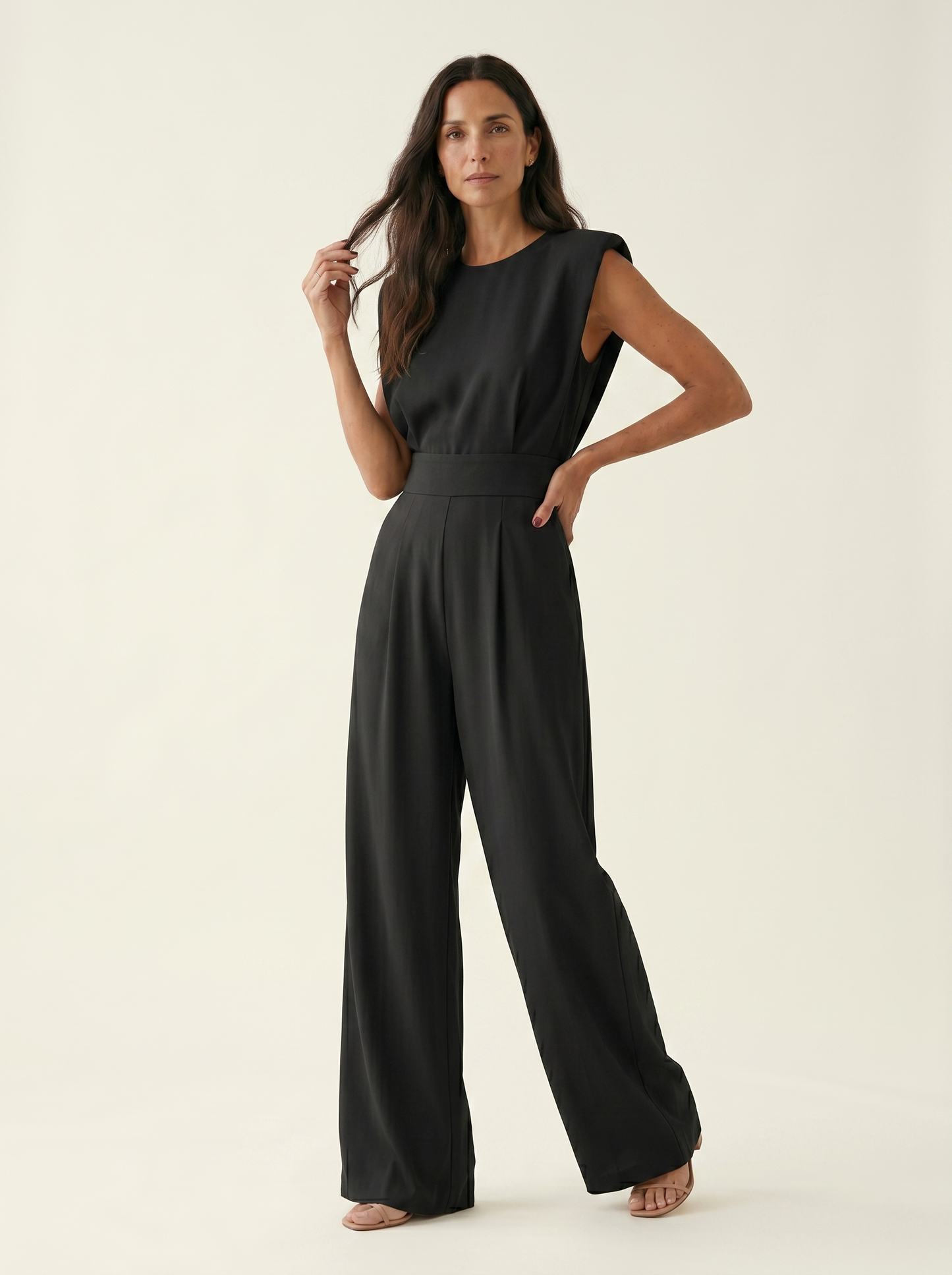 Duvaine | Shoulder Pad Sleeveless Round Neck Wide Leg Tailored Jumpsuit