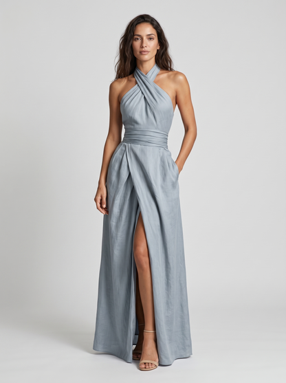Kaelia | Ruched Waist Halter Maxi Dress
