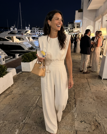 Duvaine | Shoulder Pad Sleeveless Round Neck Wide Leg Tailored Jumpsuit