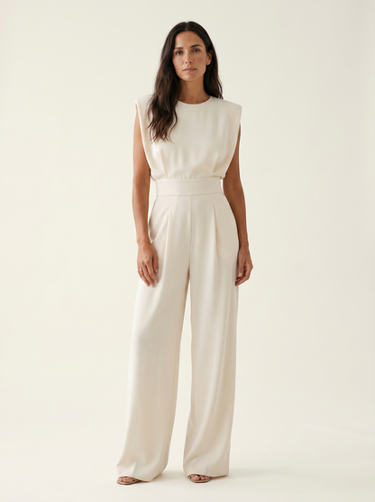 Duvaine | Shoulder Pad Sleeveless Round Neck Wide Leg Tailored Jumpsuit