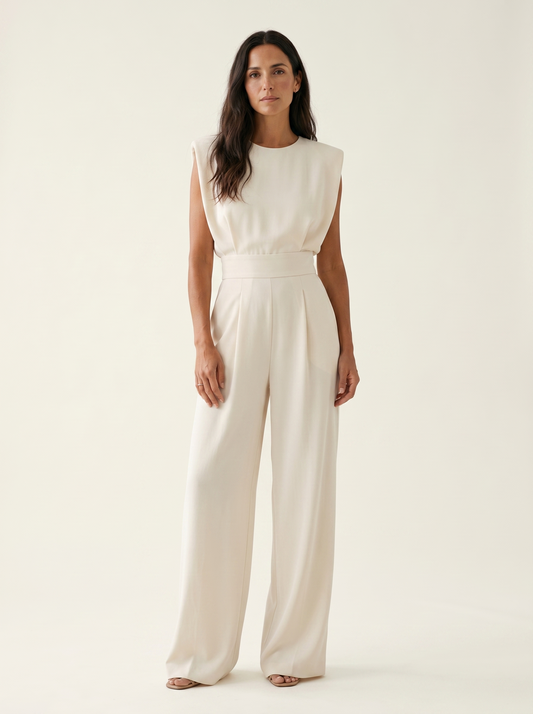 Duvaine | Shoulder Pad Sleeveless Round Neck Wide Leg Tailored Jumpsuit