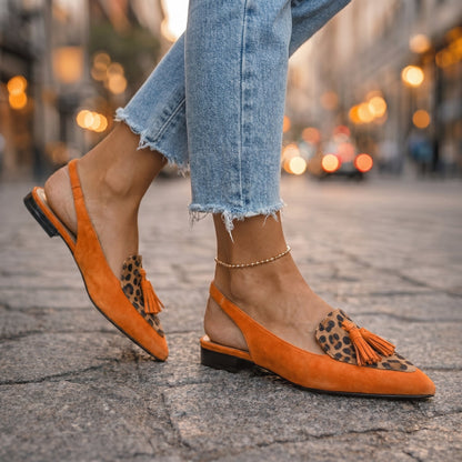 Oxvara | Bold Two-Tone Pointed Toe Tassel Slingback Loafers