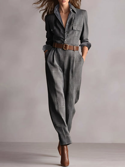 Zelina | Belted Plaid Tailored Jumpsuit