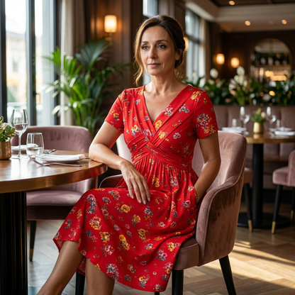 Loravine | Graceful Floral V-Neck Midi Dress