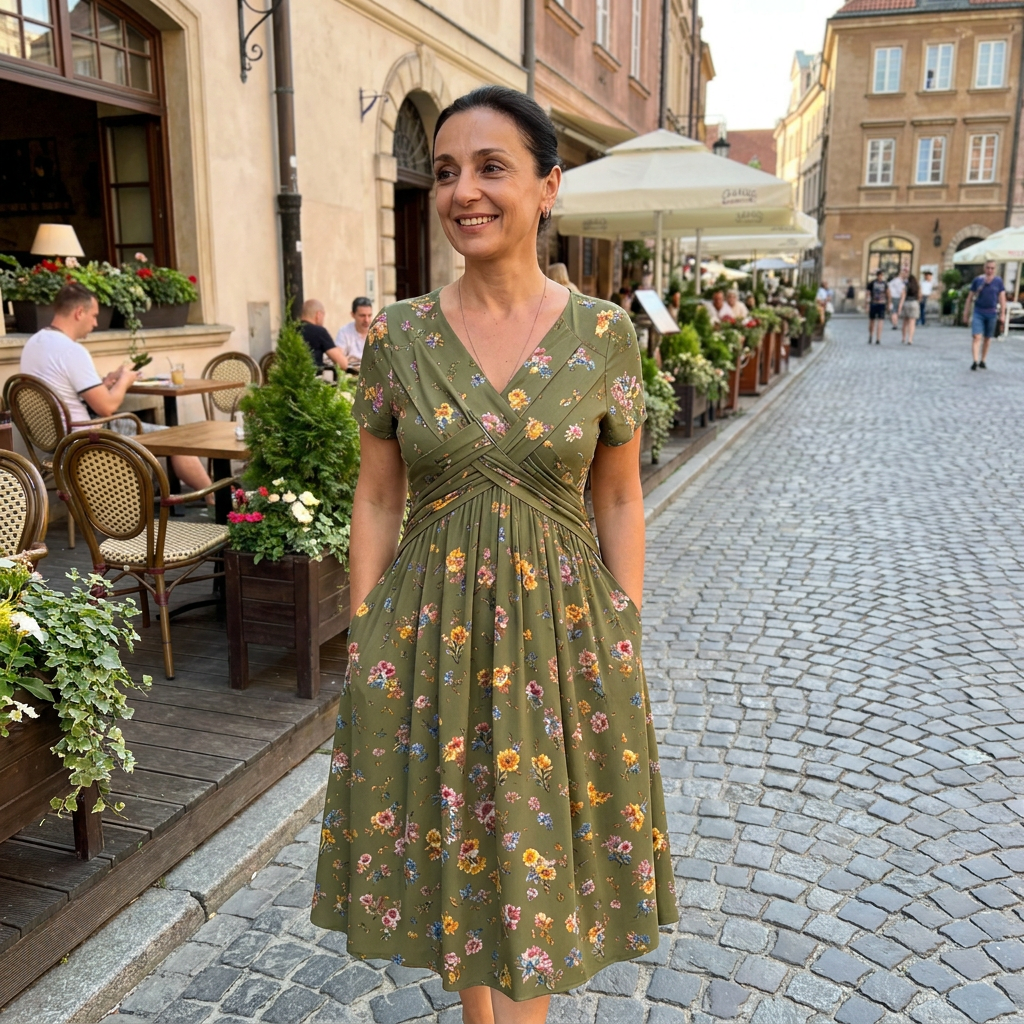 Loravine | Graceful Floral V-Neck Midi Dress