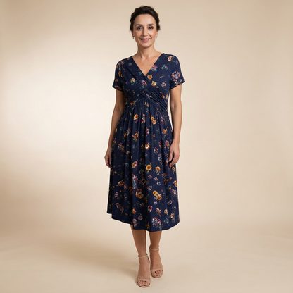 Loravine | Graceful Floral V-Neck Midi Dress