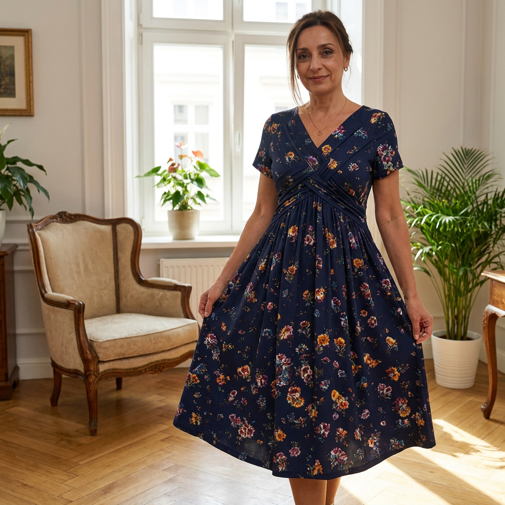 Loravine | Graceful Floral V-Neck Midi Dress